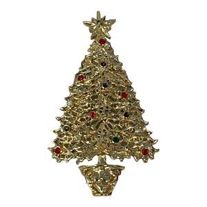Tancer II Gold Tone Holly‎ Multicolor Rhinestone Christmas Tree Brooch Pin